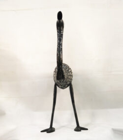 Handmade Moroccan Damascene ostrich sculpture with intricate silver inlay patterns, handcrafted by master artisans in Meknes, Morocco.