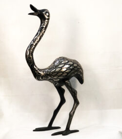 Handmade Moroccan Damascene ostrich sculpture with intricate silver inlay patterns, handcrafted by master artisans in Meknes, Morocco.