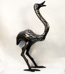 Handmade Moroccan Damascene ostrich sculpture with intricate silver inlay patterns, handcrafted by master artisans in Meknes, Morocco.