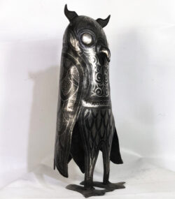 Handmade Damascene Owl Sculpture – Silver Inlay Metal Owl Statue, Rare Artisan Masterpiece from Meknes