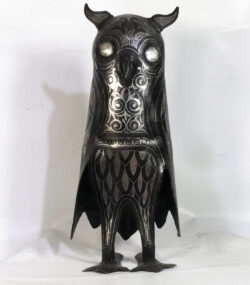 Handmade Damascene Owl Sculpture – Silver Inlay Metal Owl Statue, Rare Artisan Masterpiece from Meknes - Image 3