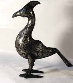 Damascene medium Peacock Sculpture – Silver Inlay Metal Peacock Statue, Rare Artisan Masterpiece from Meknes