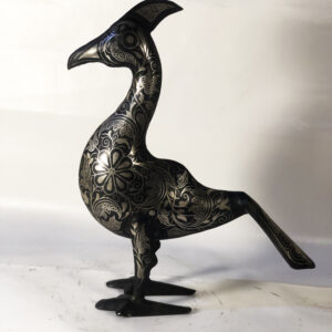 Damascene medium Peacock Sculpture – Silver Inlay Metal Peacock Statue, Rare Artisan Masterpiece from Meknes