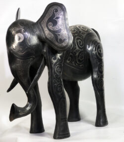 Damascene Elephant Sculpture – Silver Inlay Metal Elephant Statue, Rare Artisan Masterpiece from Meknes