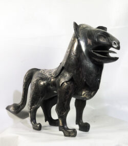 Damascene Lion Sculpture – Silver Inlay Metal Lion Statue, Rare Artisan Masterpiece from Meknes
