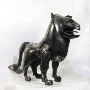 Damascene Lion Sculpture – Silver Inlay Metal Lion Statue, Rare Artisan Masterpiece from Meknes