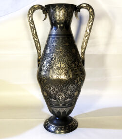 Handmade Moroccan Damascene pitcher Vase – Silver Inlay Metal Ewer, Luxury Decorative Jug, Artisan Home Decor from Meknes. 1- (