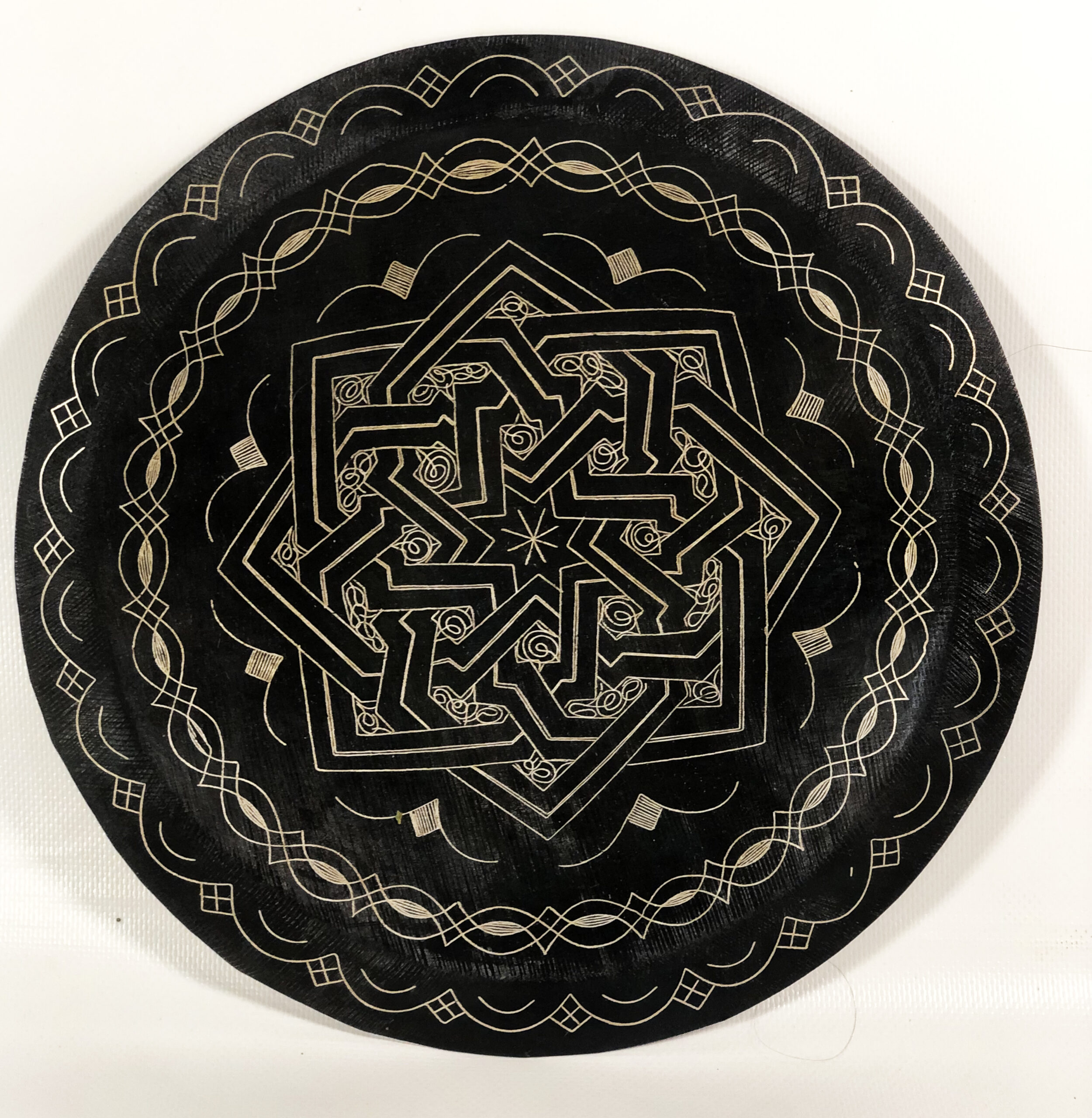 Medium Damascene Decorative Plate | Handmade Silver Inlay Wall Art, Luxury Meknes Geometric Brass Accent Disc -1 (l)