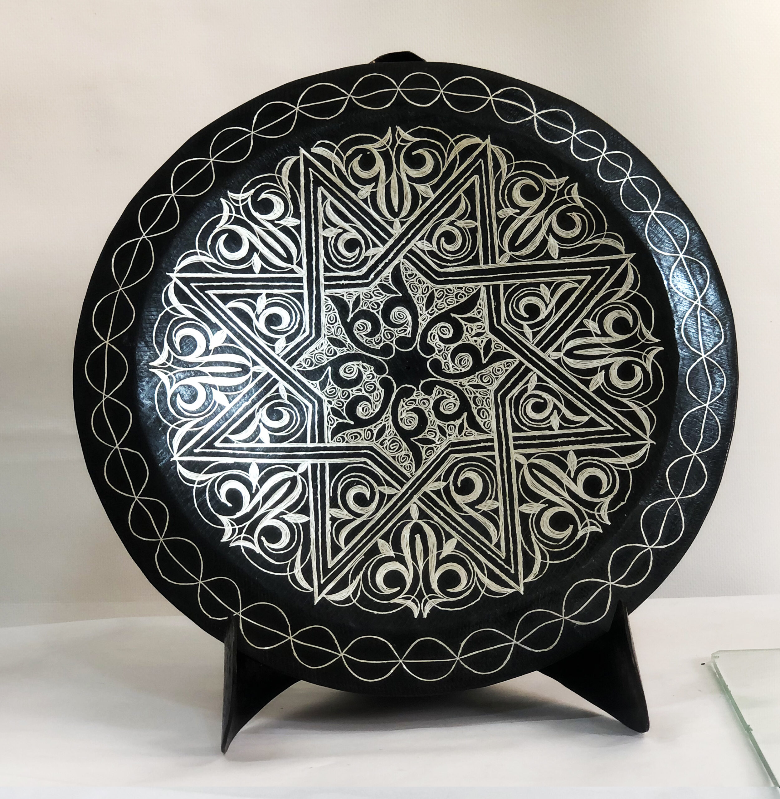 Damascene Decorative Plate | Handmade Silver Inlay Wall Art, Luxury Meknes Geometric Brass Accent Disc -H