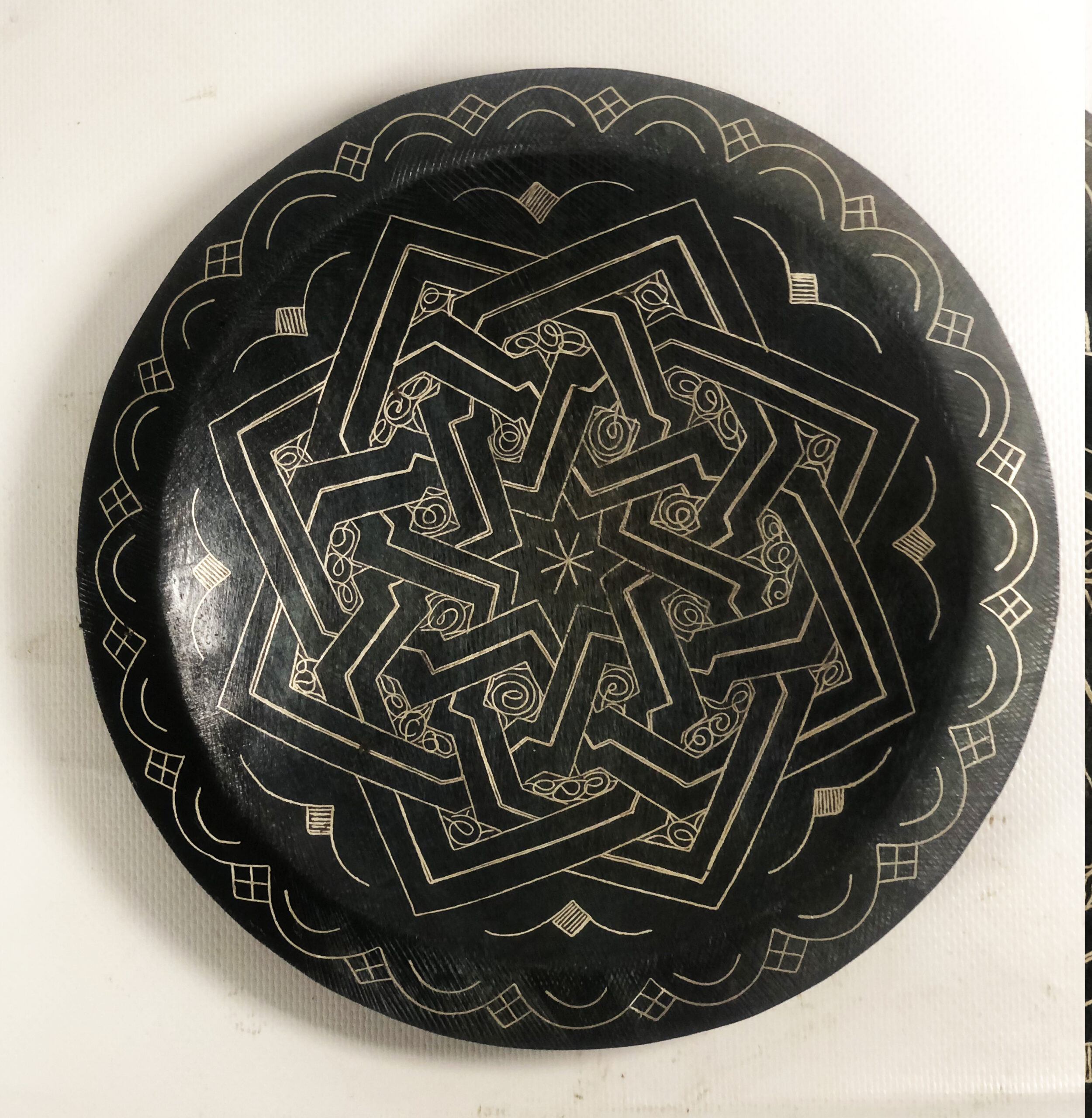 Damascene Decorative Plate | Handmade Silver Inlay Wall Art, Luxury Meknes Geometric Brass Accent Disc -7