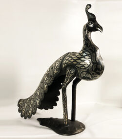 Metal Peacock Sculpture – Handmade Silver Damascene Bird Statue – Luxury Artisan Home Decor – Large Peacock Art