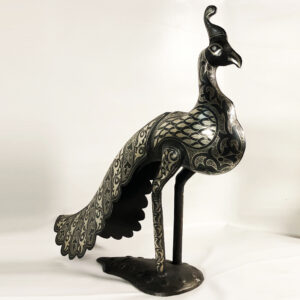 Metal Peacock Sculpture – Handmade Silver Damascene Bird Statue – Luxury Artisan Home Decor – Large Peacock Art