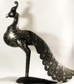 Metal Peacock Sculpture – Handmade Silver Damascene Bird Statue – Luxury Artisan Home Decor – Large Peacock Art - Image 12