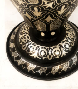 Handmade Moroccan swan pitcher featuring intricate silver hand engravings on black metal, artisan decorative vase for luxury home decor