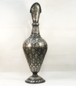 Handmade Moroccan swan pitcher featuring intricate silver hand engravings on black metal, artisan decorative vase for luxury home decor