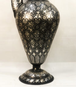 Handmade Moroccan swan pitcher featuring intricate silver hand engravings on black metal, artisan decorative vase for luxury home decor