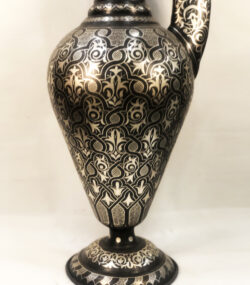 Handmade Moroccan swan pitcher featuring intricate silver hand engravings on black metal, artisan decorative vase for luxury home decor