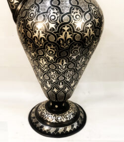 Handmade Moroccan swan pitcher featuring intricate silver hand engravings on black metal, artisan decorative vase for luxury home decor
