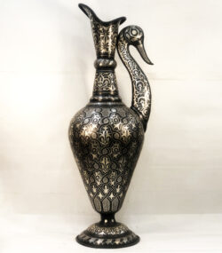 Handmade Moroccan swan pitcher featuring intricate silver hand engravings on black metal, artisan decorative vase for luxury home decor