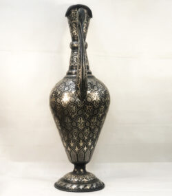 Handmade Moroccan swan pitcher featuring intricate silver hand engravings on black metal, artisan decorative vase for luxury home decor