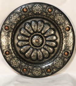 Large Damascene Decorative Plate | Handmade Silver Inlay Wall Art, Luxury Meknes Geometric Brass Accent Disc 1