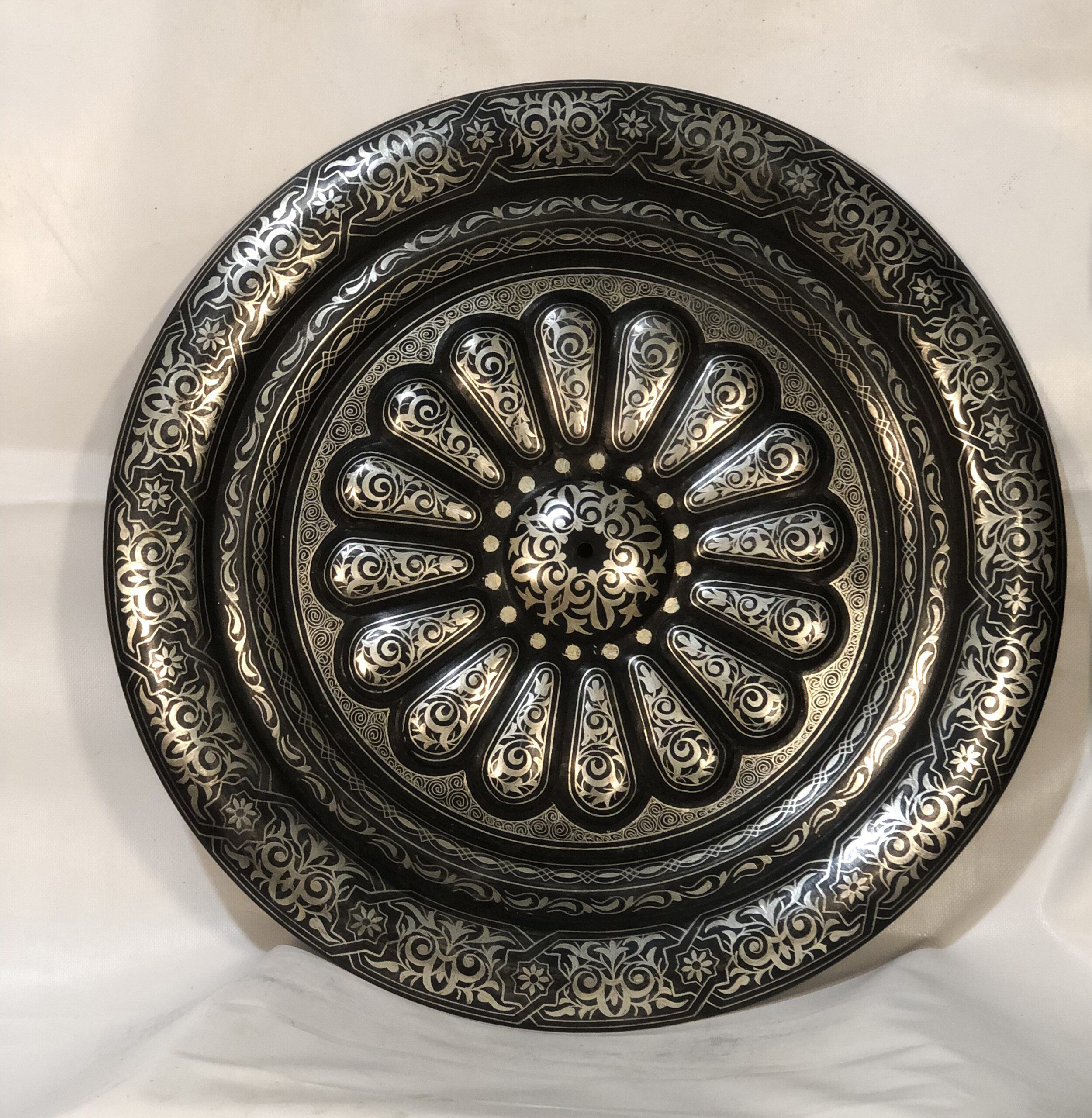 Large Damascene Decorative Plate | Handmade Silver Inlay Wall Art, Luxury Meknes Geometric Brass Accent Disc 2