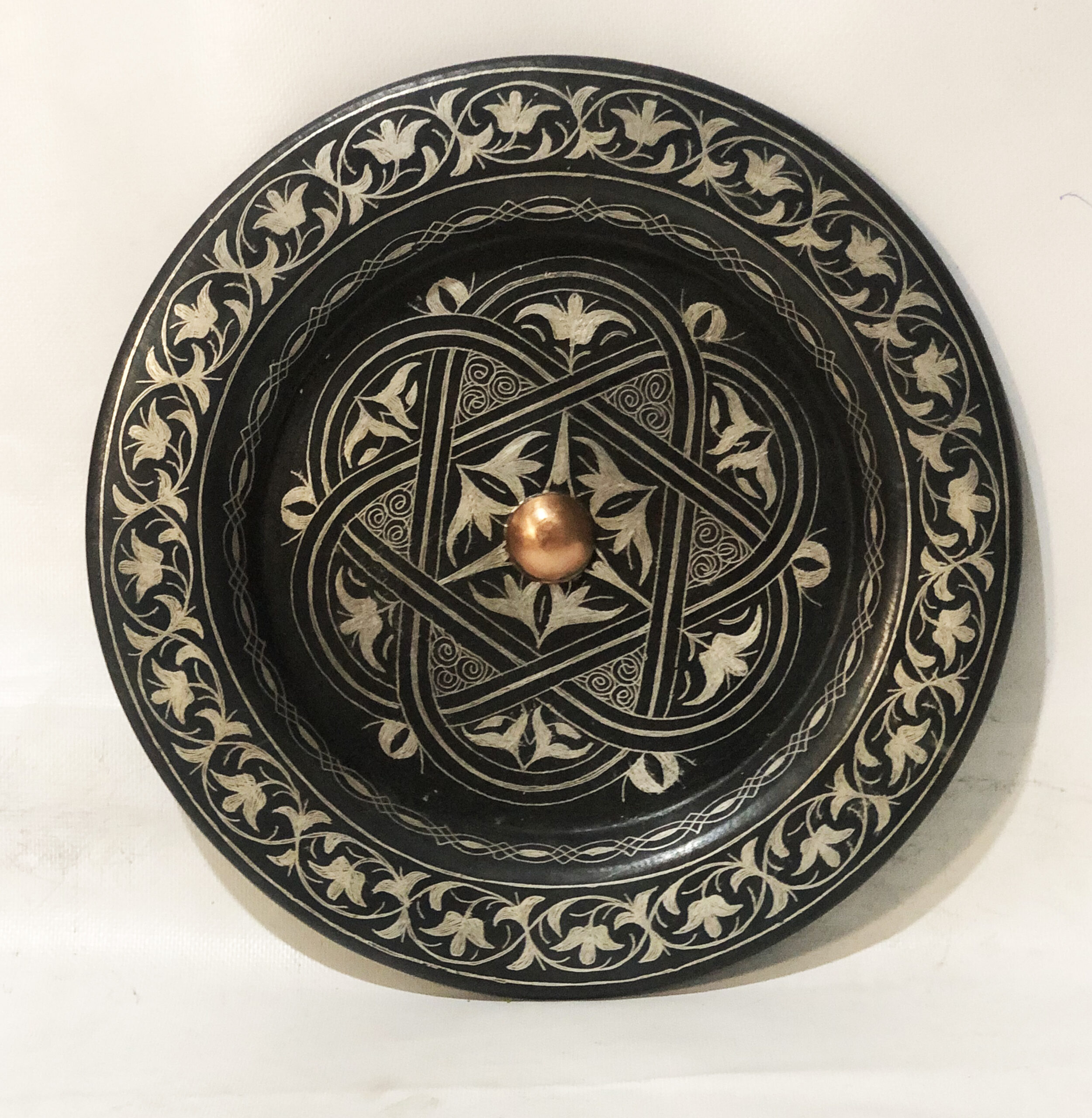 Medium Damascene Decorative Plate | Handmade Silver Inlay Wall Art, Luxury Meknes Geometric Brass Accent Disc -3