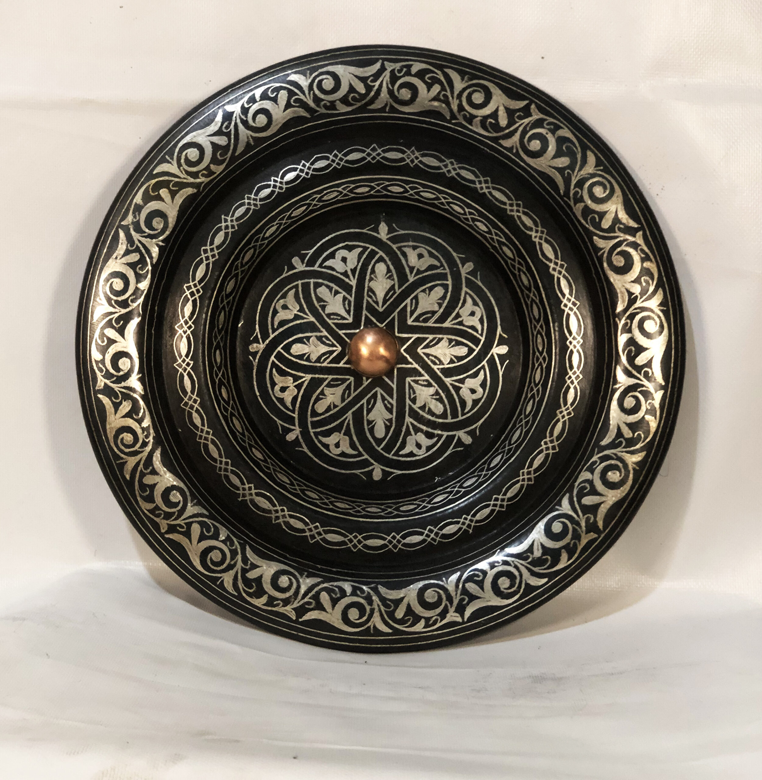 Medium Damascene Decorative Plate | Handmade Silver Inlay Wall Art, Luxury Meknes Geometric Brass Accent Disc