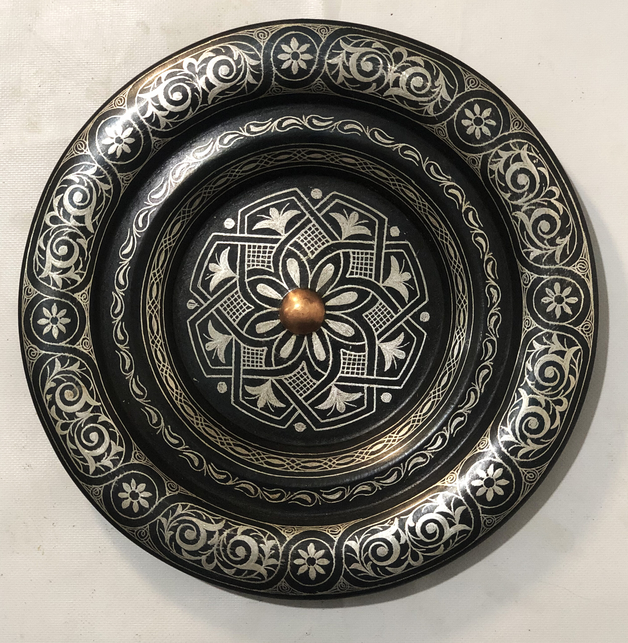 Medium Damascene Decorative Plate | Handmade Silver Inlay Wall Art, Luxury Meknes Geometric Brass Accent Disc -2