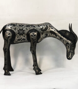 Handmade Moroccan Damascene gazelle sculpture featuring intricate silver inlay, crafted by master artisans in Meknes using traditional Damascene techniques.