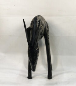 Handmade Moroccan Damascene gazelle sculpture featuring intricate silver inlay, crafted by master artisans in Meknes using traditional Damascene techniques.