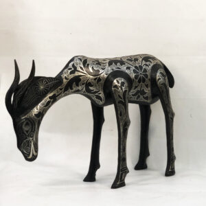 Handmade Moroccan Damascene gazelle sculpture featuring intricate silver inlay, crafted by master artisans in Meknes using traditional Damascene techniques.