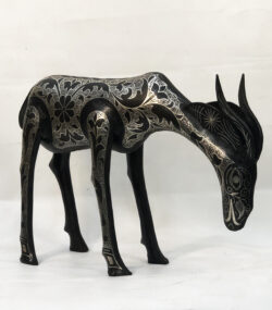 Handmade Moroccan Damascene gazelle sculpture featuring intricate silver inlay, crafted by master artisans in Meknes using traditional Damascene techniques.