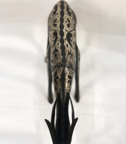 Handmade Moroccan Damascene gazelle sculpture featuring intricate silver inlay, crafted by master artisans in Meknes using traditional Damascene techniques.
