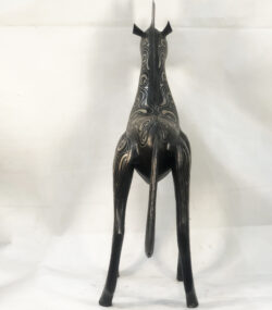 Handmade Moroccan Damascene horse sculpture featuring intricate silver inlay, crafted by master artisans in Meknes. Luxury artisan home décor and collectible metal artwork.