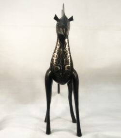 Handmade Moroccan Damascene horse sculpture featuring intricate silver inlay, crafted by master artisans in Meknes. Luxury artisan home décor and collectible metal artwork.