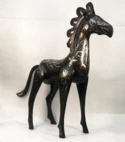 Handmade Moroccan Damascene horse sculpture featuring intricate silver inlay, crafted by master artisans in Meknes. Luxury artisan home décor and collectible metal artwork.