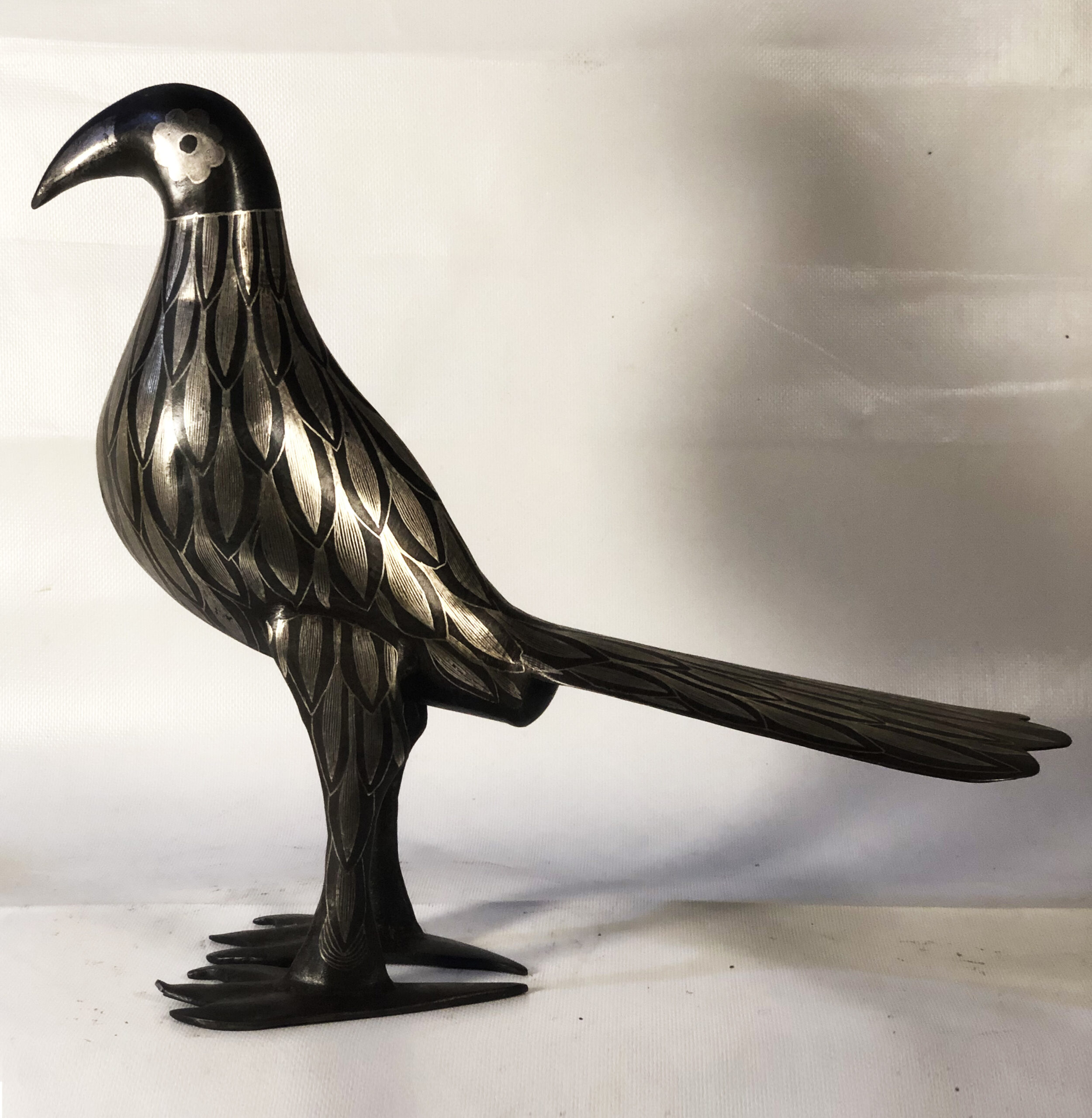 Pheasant Bird Damascene Statue – Handmade Metal Bird Sculpture – Silver Inlay Art – Vintage Bird Figurine – Moroccan Home Decor
