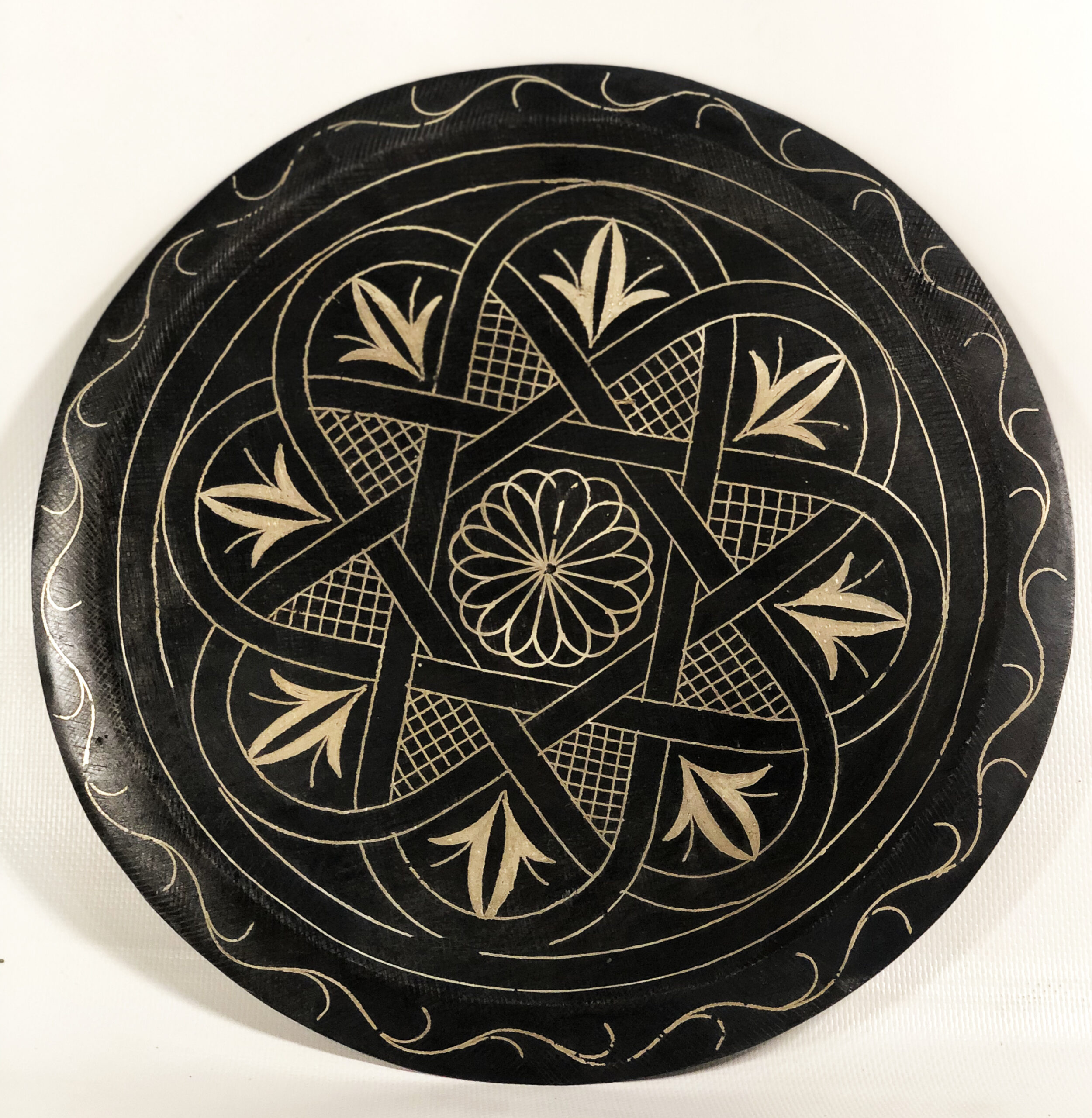 Medium Damascene Decorative Plate | Handmade Silver Inlay Wall Art, Luxury Meknes Geometric Brass Accent Disc -3 (l)