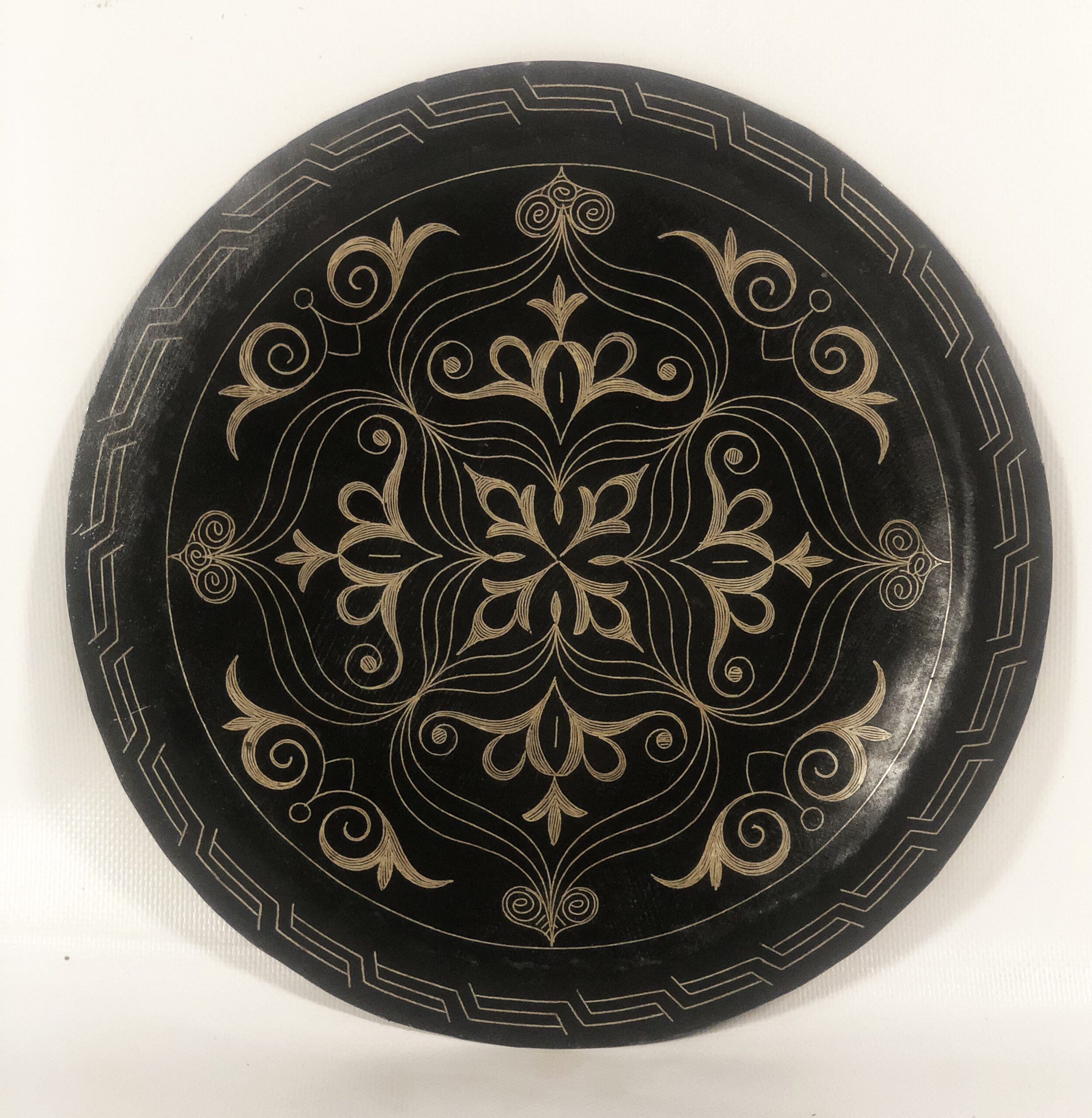 Medium Damascene Decorative Plate | Handmade Silver Inlay Wall Art, Luxury Meknes Geometric Brass Accent Disc -5 (l)